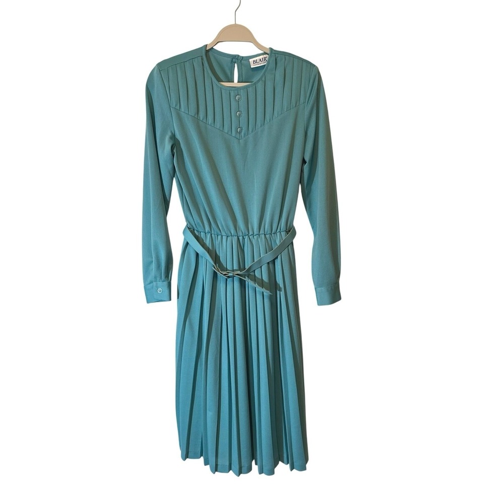 Blair Teal Pleated Midi Dress Vintage Size 10 Belted 80s Secretary Style Costume